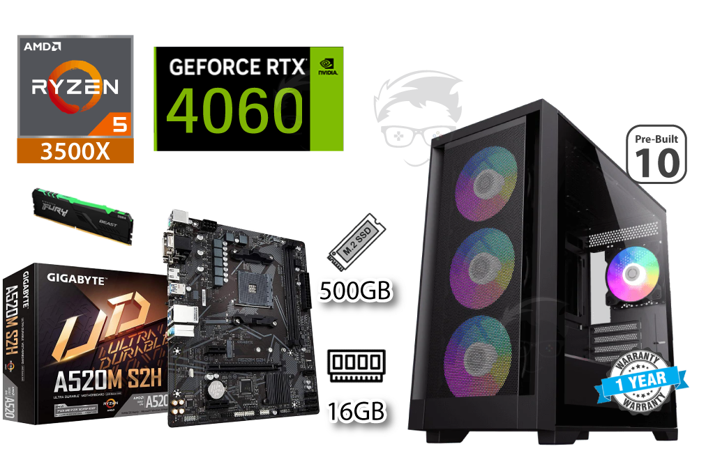 PC Offer 10 / AMD Ryzen 5 3500X  / Nvidia RTX 4060/ 500GB NV2 SSD / 16GB RAM / Gigabyte A520M S2H Motherboard