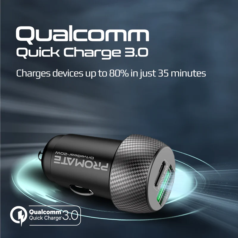 Promate DriveGear-20W Mini Car Charger Ultra Fast Charging 20W