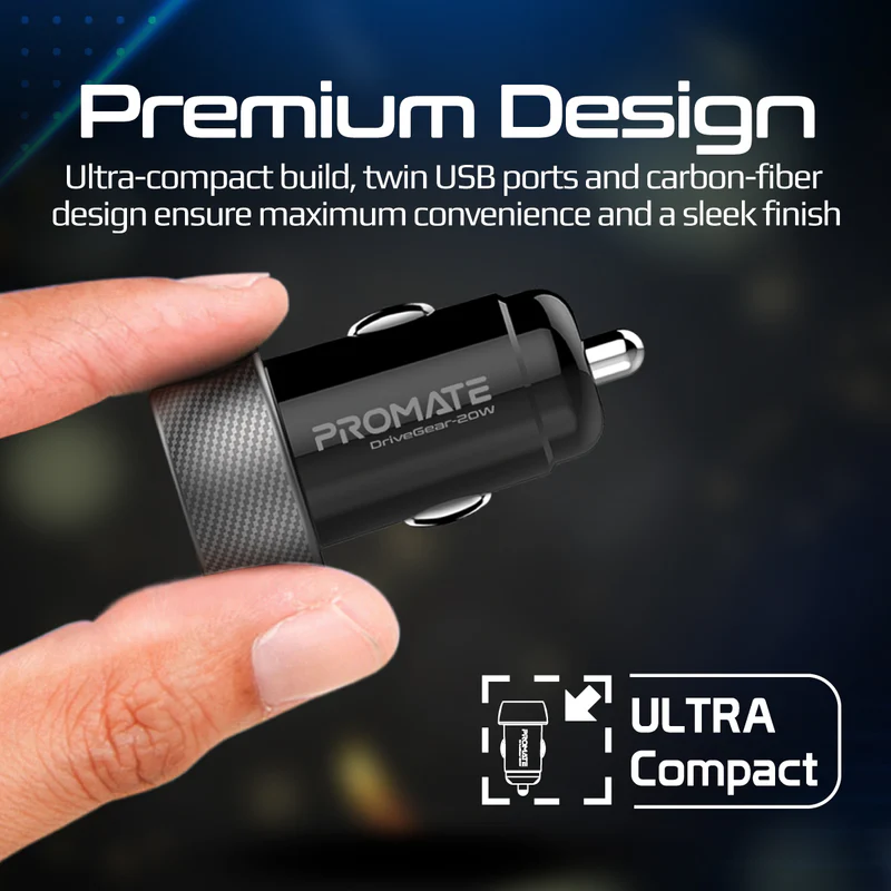 Promate DriveGear-20W Mini Car Charger Ultra Fast Charging 20W