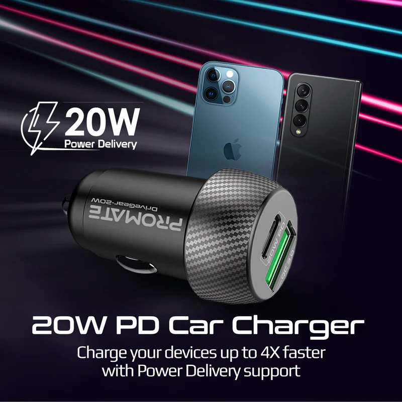 Promate DriveGear-20W Mini Car Charger Ultra Fast Charging 20W