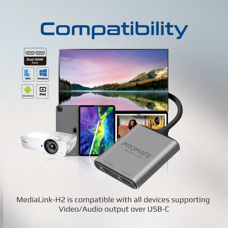 Promate MediaLink-H2 USB-C to Dual HDMI Adapter 4K HDR Thunderbolt 4