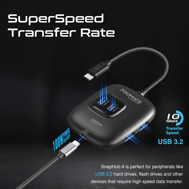 Promate SnapHub-4 4 In 1 Ultra Fast USB 3.2 Hub 4 USB-A