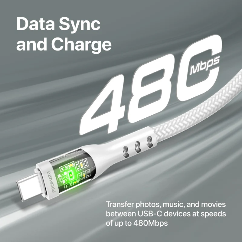 Promate TransLine-CC USB-C to USB-C Cable 60W Power Delivery Transparent Shells 120cm Nylon Braided Cord - White