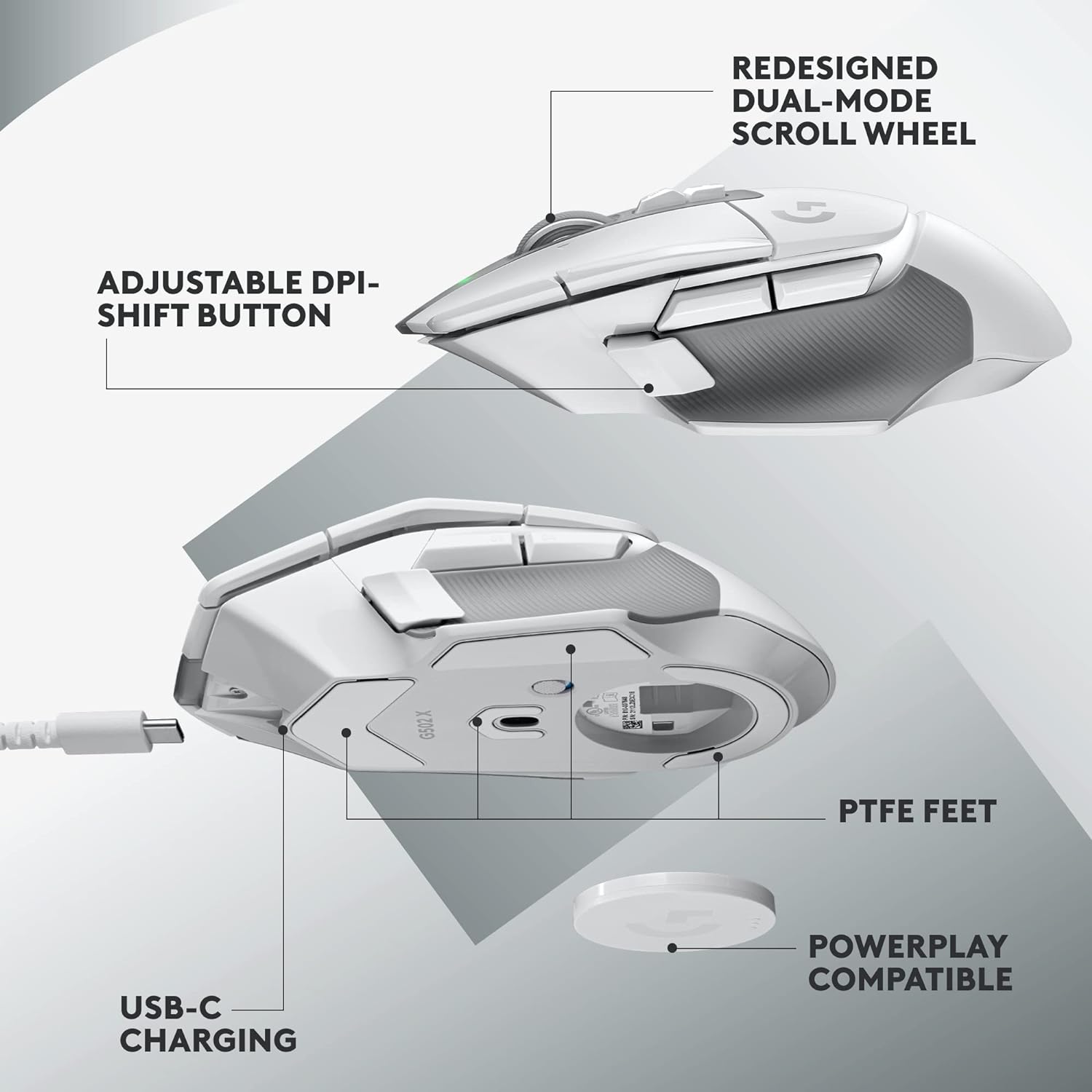 Logitech G502 X Lightspeed - LIGHTFORCE , HERO 25K - White Wireless Gaming Mouse