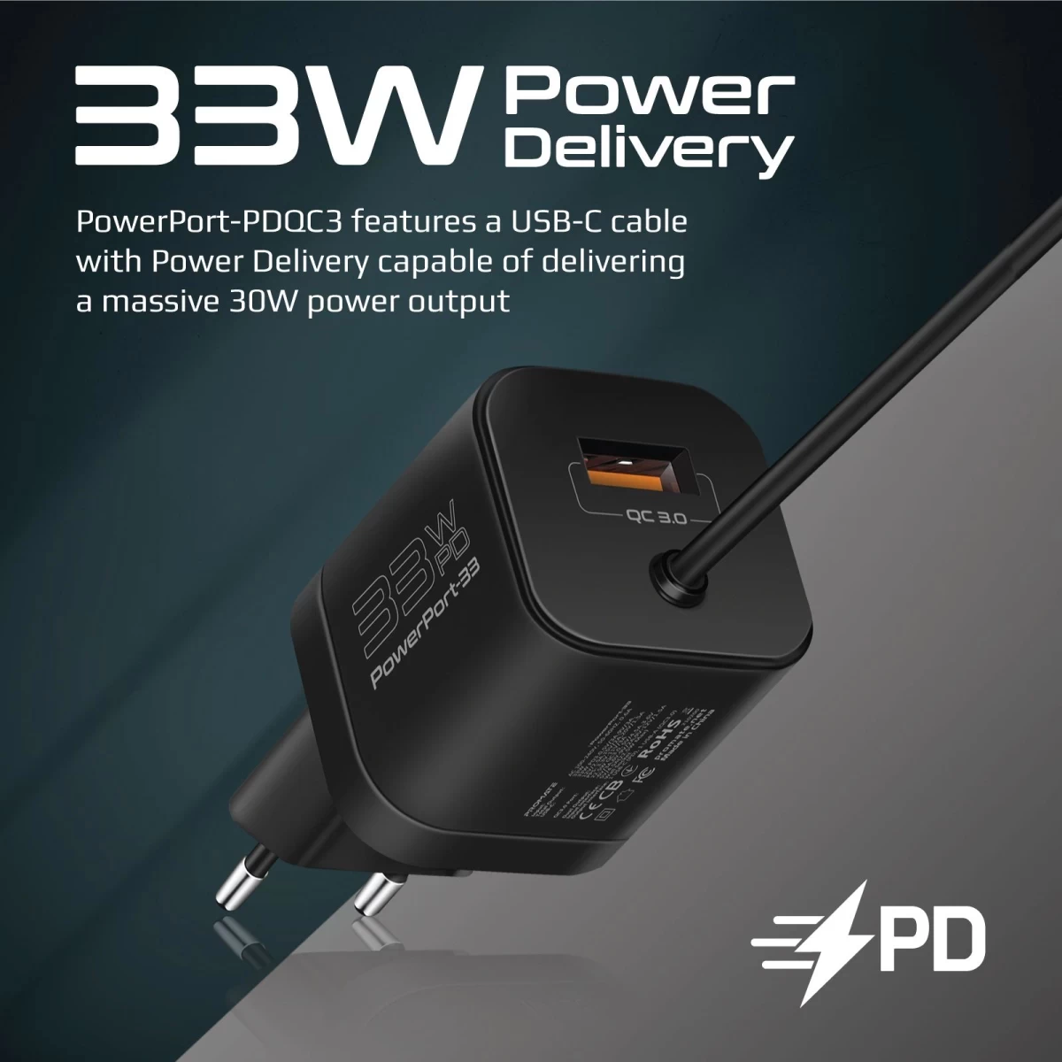 Promate PowerPort-PDQC3 USB-C Charger Premium 33W with 22.5W