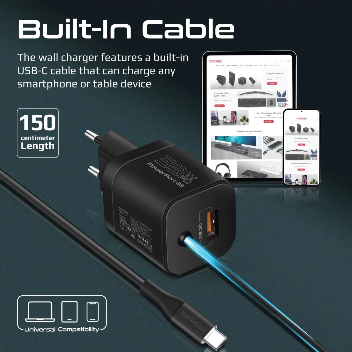 Promate PowerPort-PDQC3 USB-C Charger Premium 33W with 22.5W
