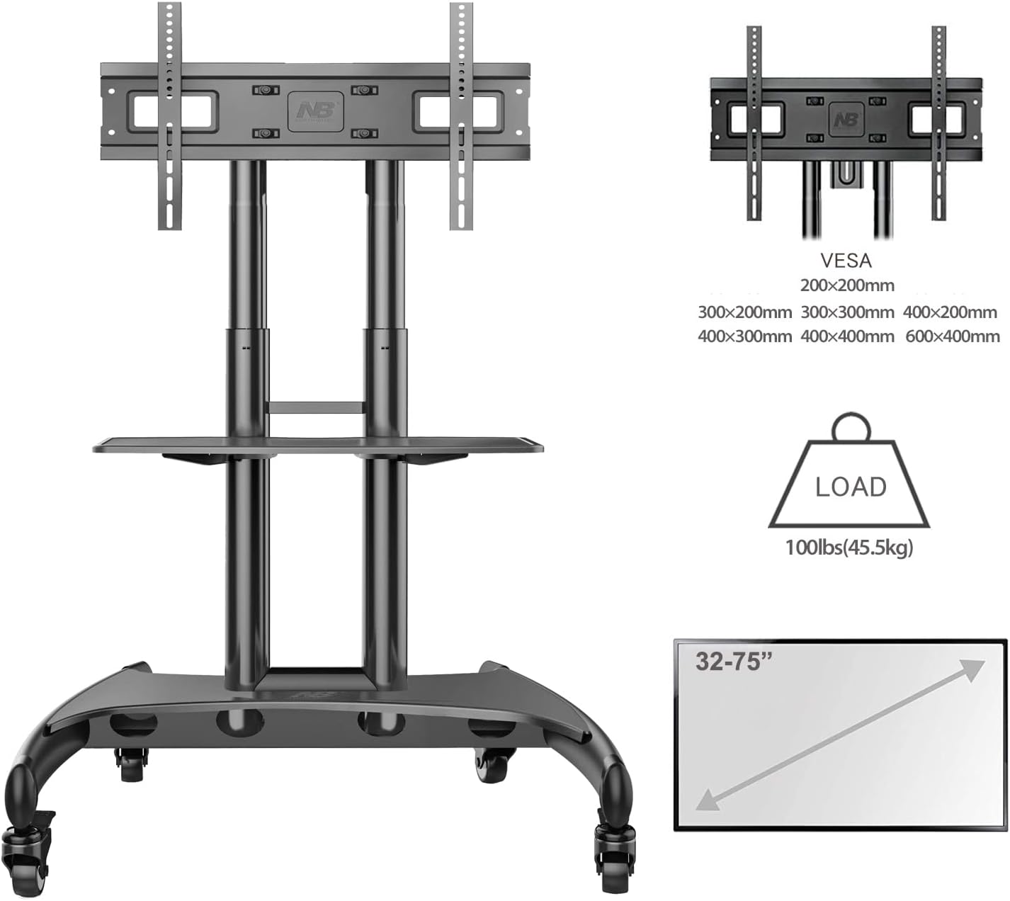 NB North Bayou AVA1500-60-1P TV Cart Rooling TV Stand with Wheels for 32 to 75 Inch (Black)