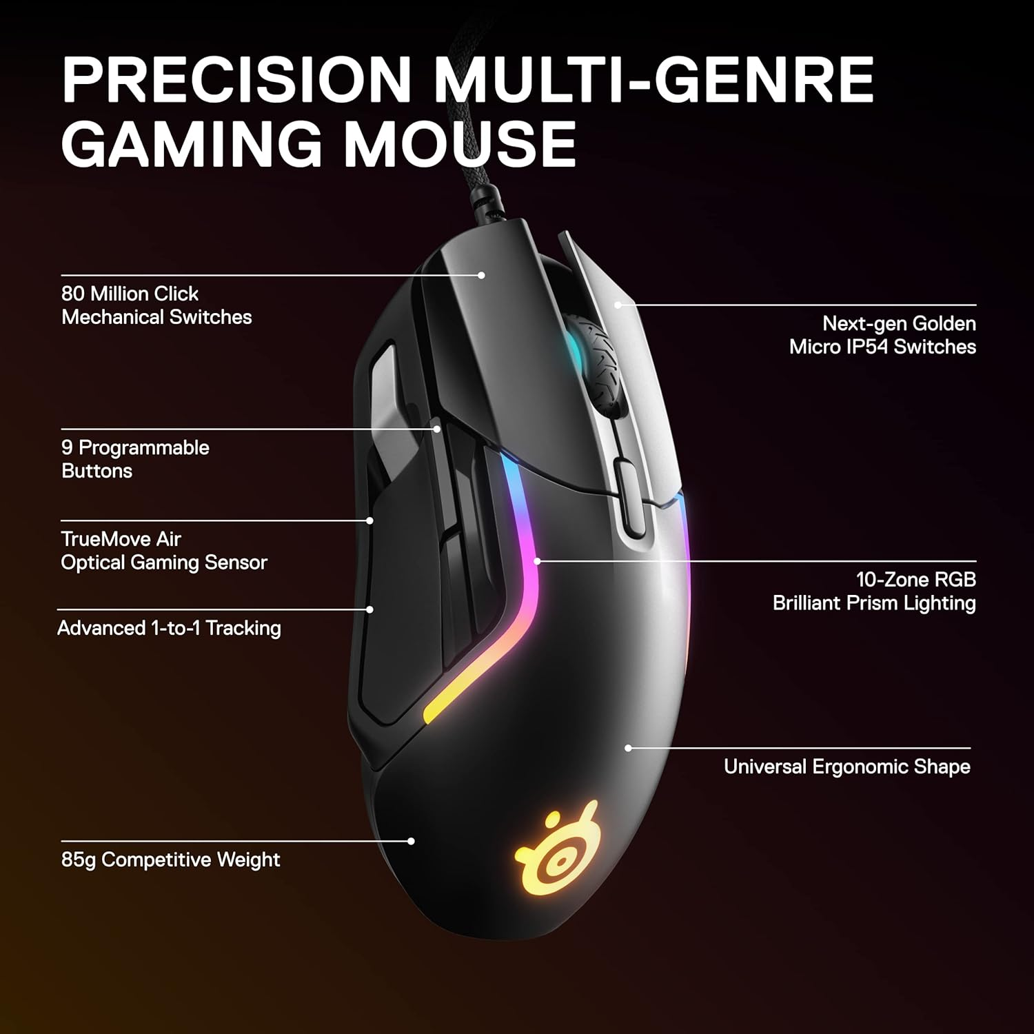 SteelSeries Rival 5 with PrismSync RGB Lighting and 9 Programmable Buttons Gaming Mouse