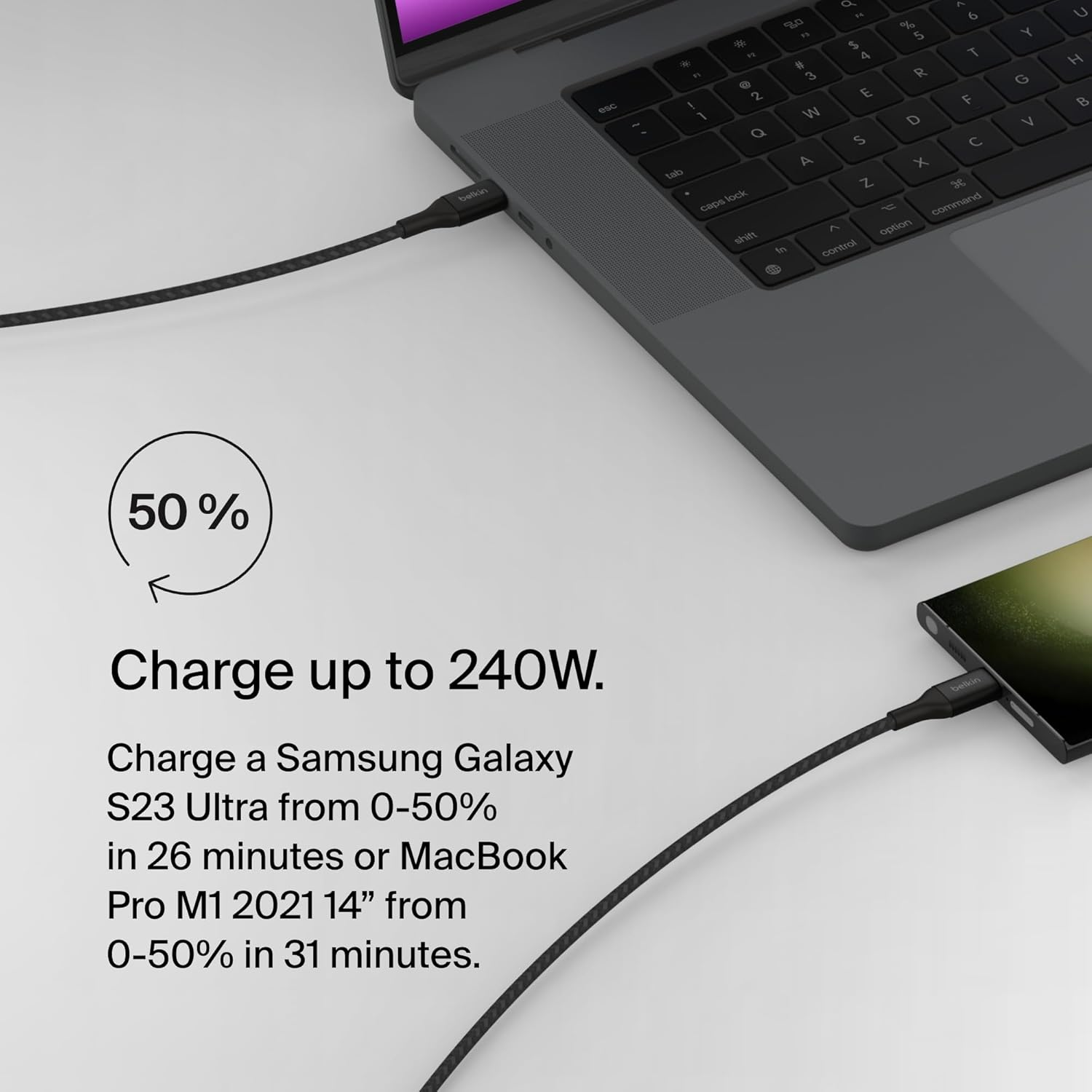 Belkin BoostCharge USB-C to USB-C Power Cable 2M Fast Charging with 240W Power Delivery, USB-IF Certified - Black