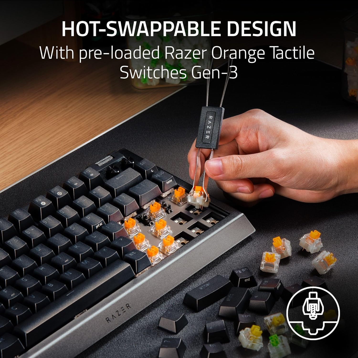 Razer BlackWidow V4 75% Mechanical Hot-swappable Compact & Durable Chroma MF Roller & Media Keys Wrist Rest Orange Tactile Switches - Black