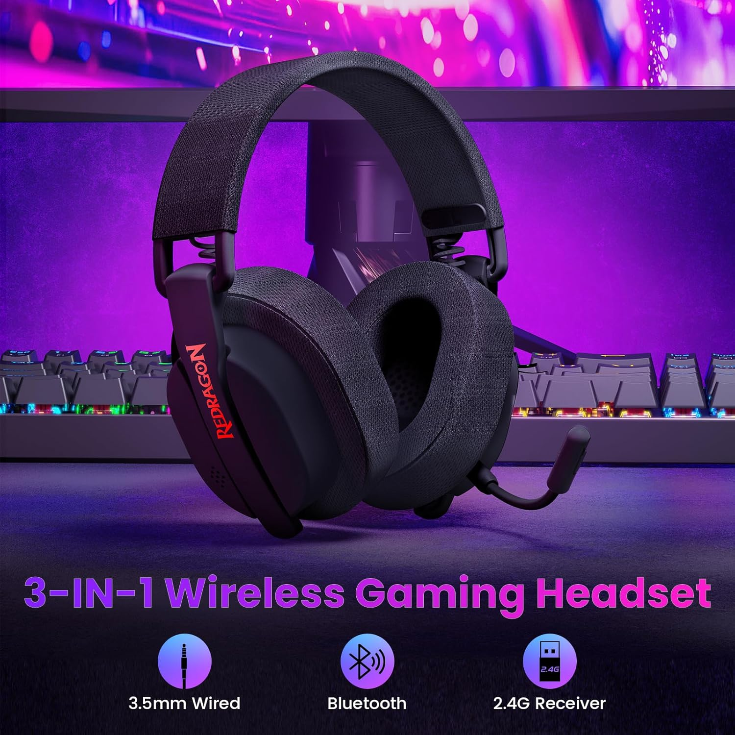 Redragon H888 LUCE Wireless Gaming Headset with 7.1 Surround Sound 3-Mode Gaming Headphones