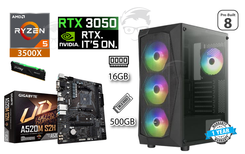 PC Offer 8 / AMD Ryzen 3500X / Nvidia RTX 3050/ 500GB NV2 SSD / 16GB RAM / Gigabyte A520M S2H Motherboard