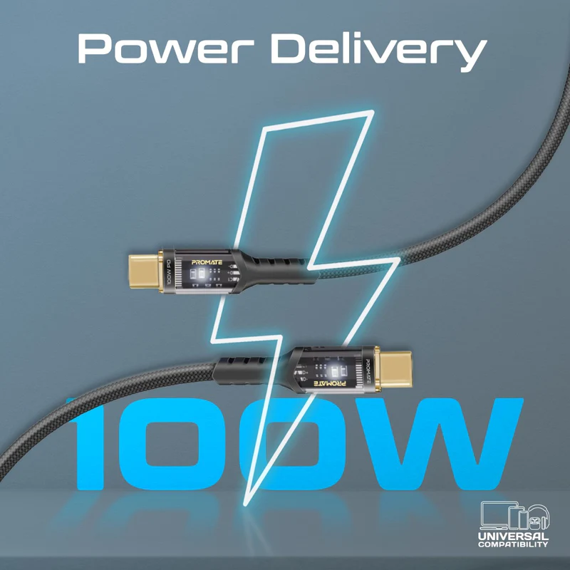 Promate LucidLine-CC120 USB-C™ to USB-C™ Cable Fast-Charging 100W with Transparent Tips LED 480Mbps