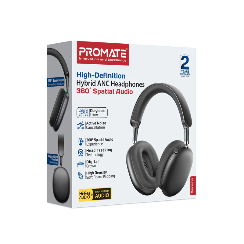 Promate Serene High-Definition Hybrid ANC Headphones with 360° Spatial Audio