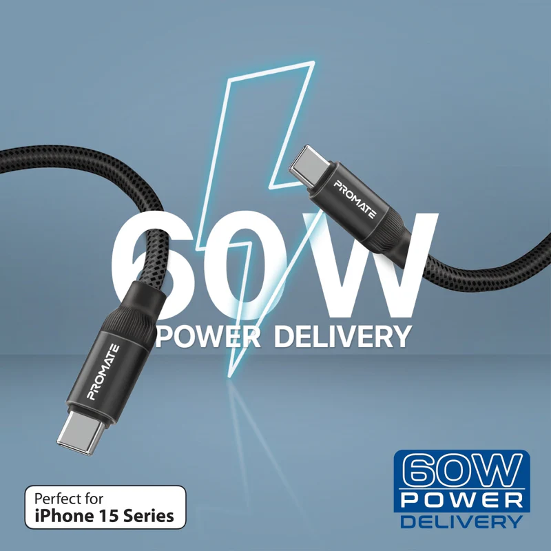 Promate Springy USB-C to USB-C Premium Magnetic Self-Organizing Cable with 60W PD