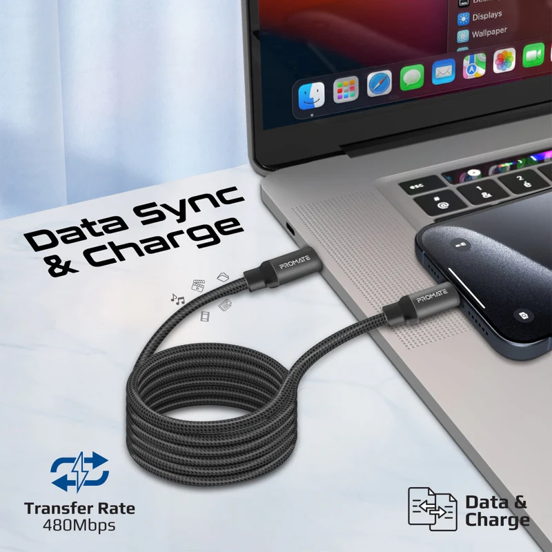 Promate Springy USB-C to USB-C Premium Magnetic Self-Organizing Cable with 60W PD