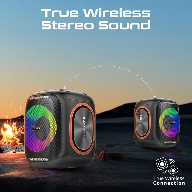 Promate Strike-40 True Wireless Speaker LumiSound HD 40W Stereo Sound HD with Dynamic RGB Light