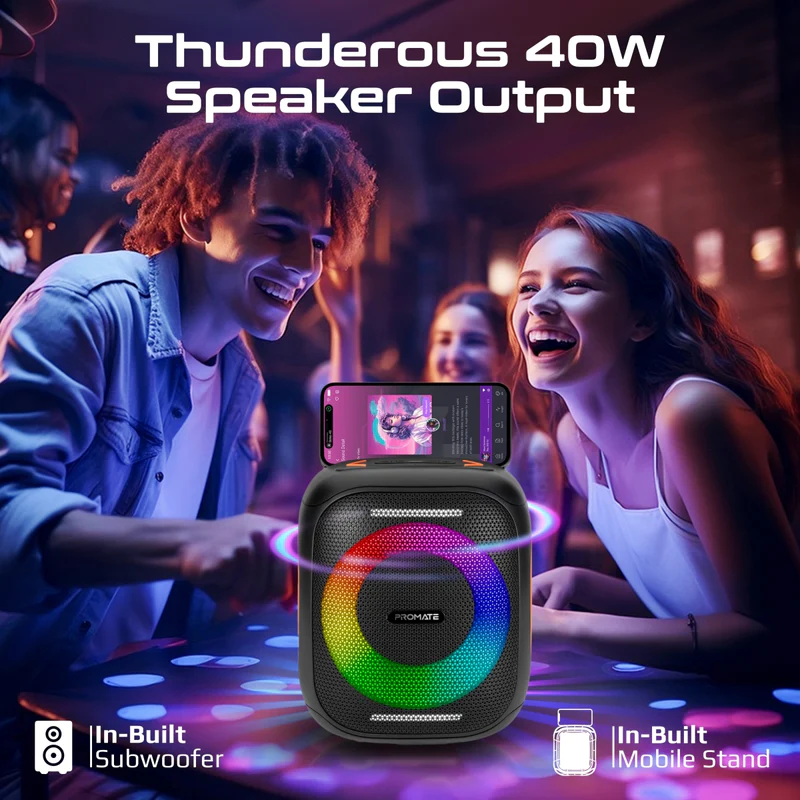 Promate Strike-40 True Wireless Speaker LumiSound HD 40W Stereo Sound HD with Dynamic RGB Light