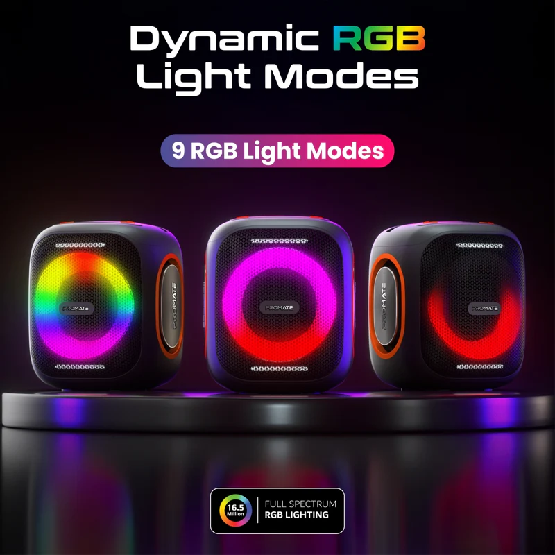 Promate Strike-40 True Wireless Speaker LumiSound HD 40W Stereo Sound HD with Dynamic RGB Light