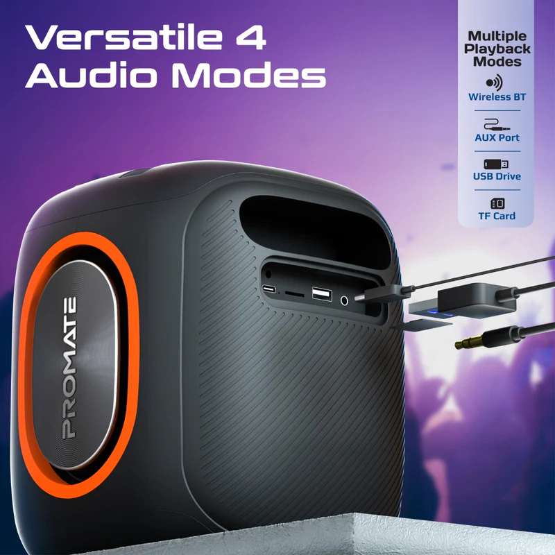 Promate Strike-40 True Wireless Speaker LumiSound HD 40W Stereo Sound HD with Dynamic RGB Light