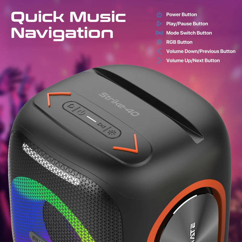 Promate Strike-40 True Wireless Speaker LumiSound HD 40W Stereo Sound HD with Dynamic RGB Light