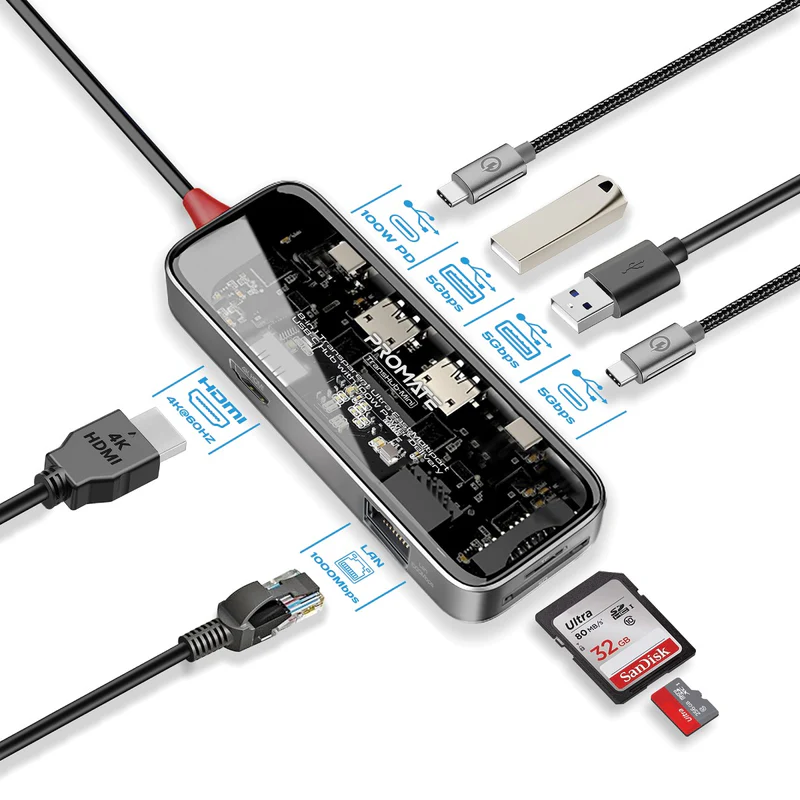 Promate Transhub-Mini USB-C™ Hub 8-in-1 Media Hub 4K@60Hz
