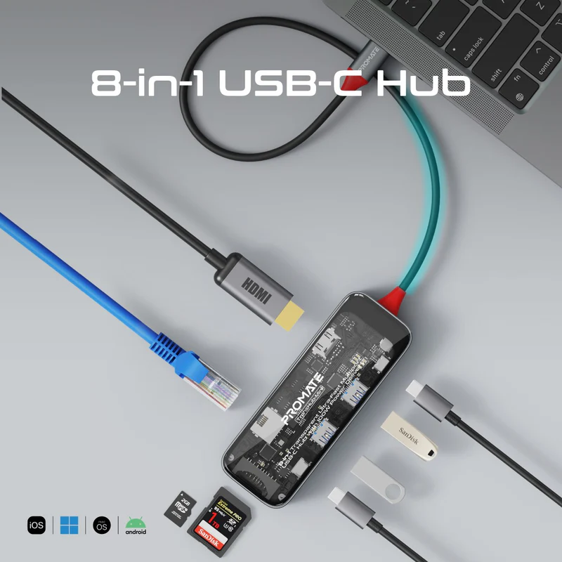 Promate Transhub-Mini USB-C™ Hub 8-in-1 Media Hub 4K@60Hz