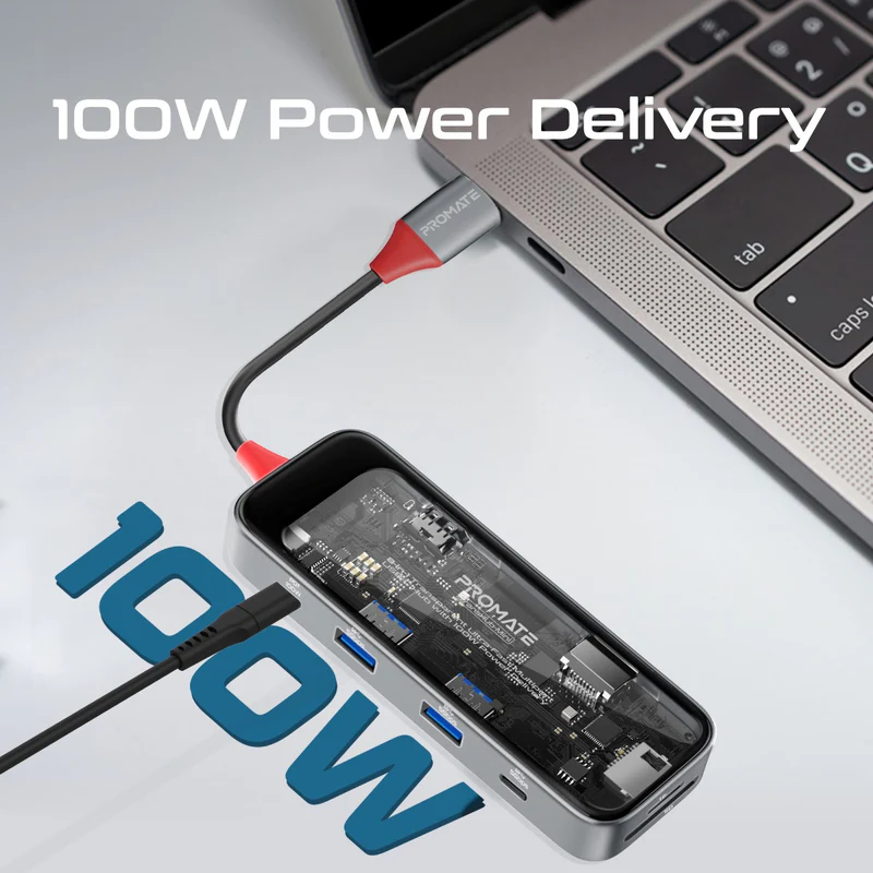 Promate Transhub-Mini USB-C™ Hub 8-in-1 Media Hub 4K@60Hz