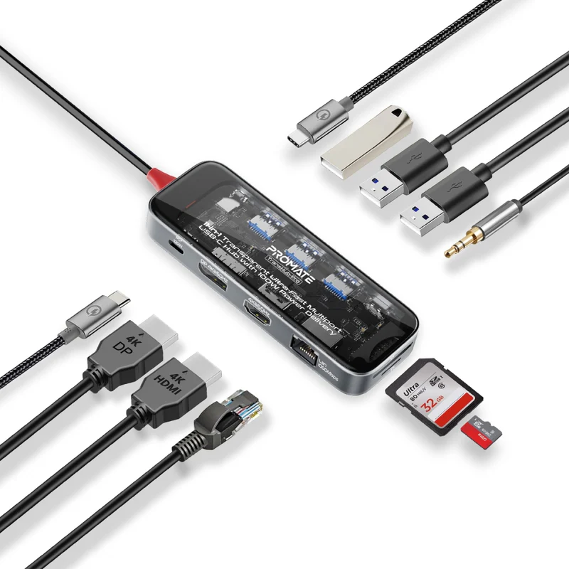 Promate TransHub-Pro USB-C Hub 11-in-1 Multi-Display 2x 4K HDMI 4K DisplayPorts
