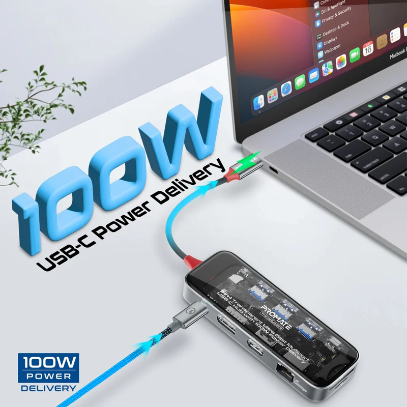 Promate TransHub-Pro USB-C Hub 11-in-1 Multi-Display 2x 4K HDMI 4K DisplayPorts