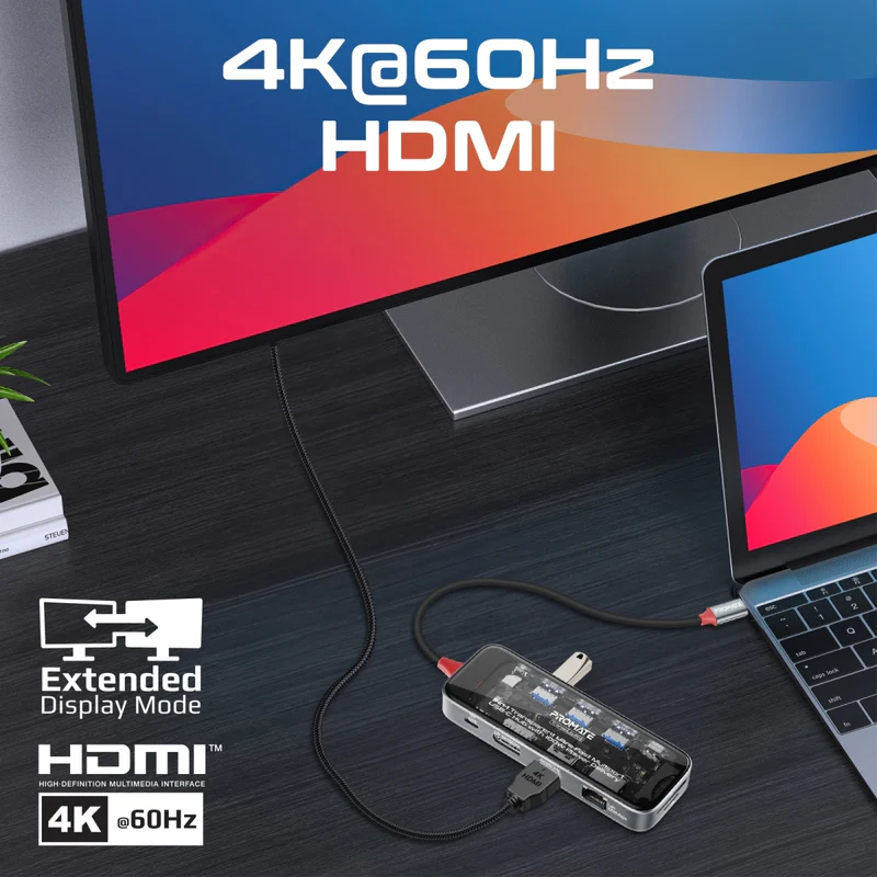 Promate TransHub-Pro USB-C Hub 11-in-1 Multi-Display 2x 4K HDMI 4K DisplayPorts