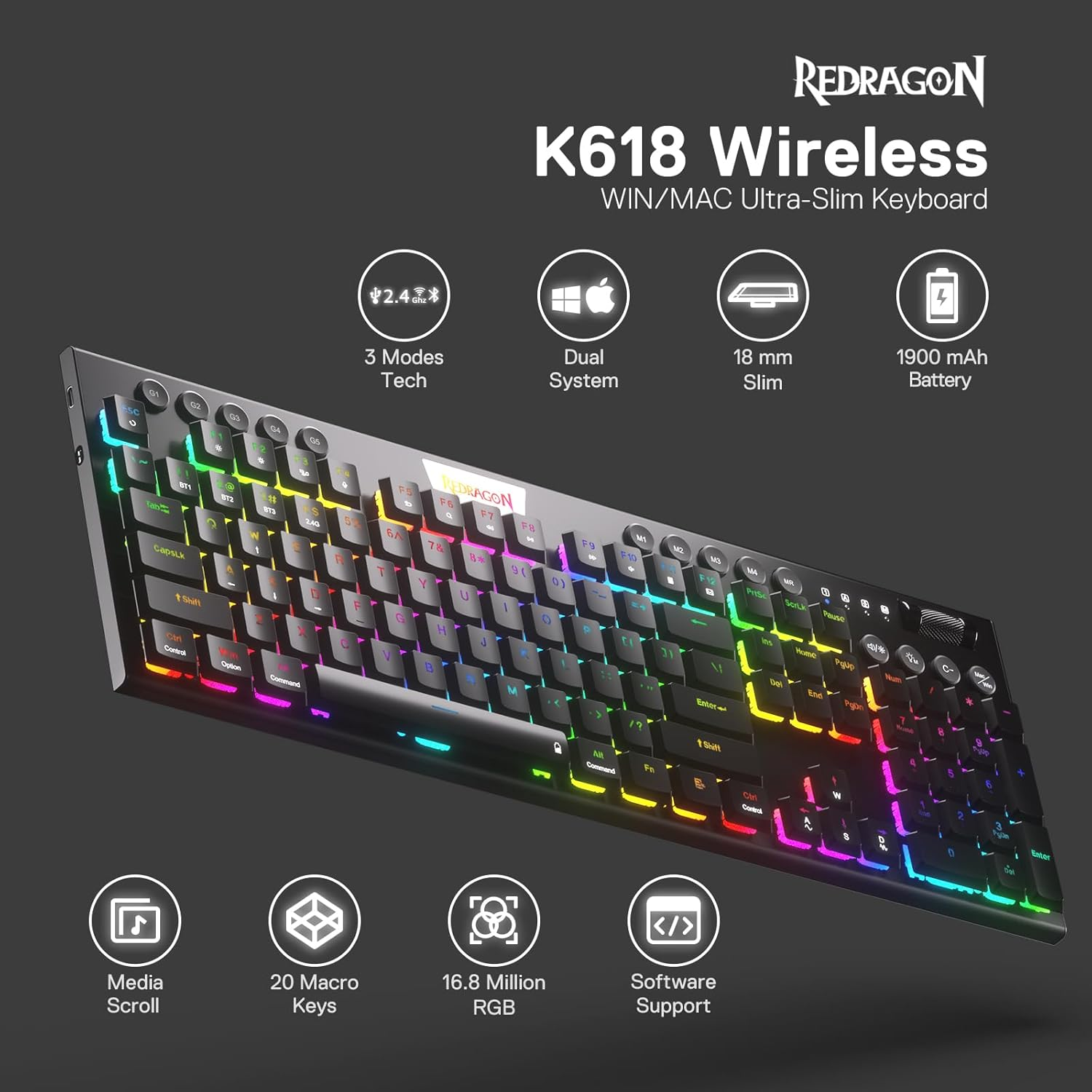 Redragon Horus Pro K618RGB-PRO Compatible with Windows and Mac OS Wireless Gaming Keyboard