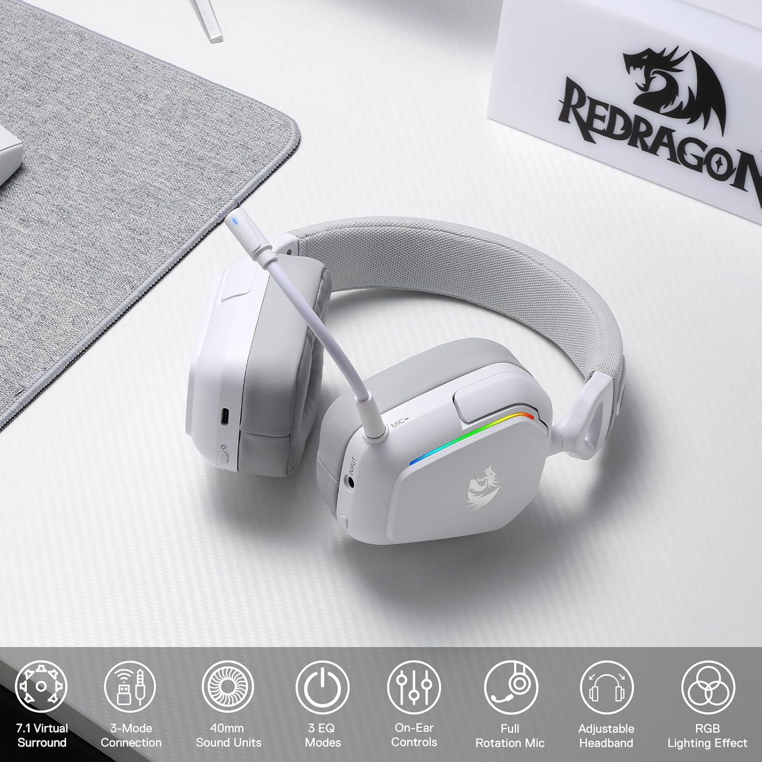 Redragon MIRA H868 RGB Wireless Gaming Headset – White