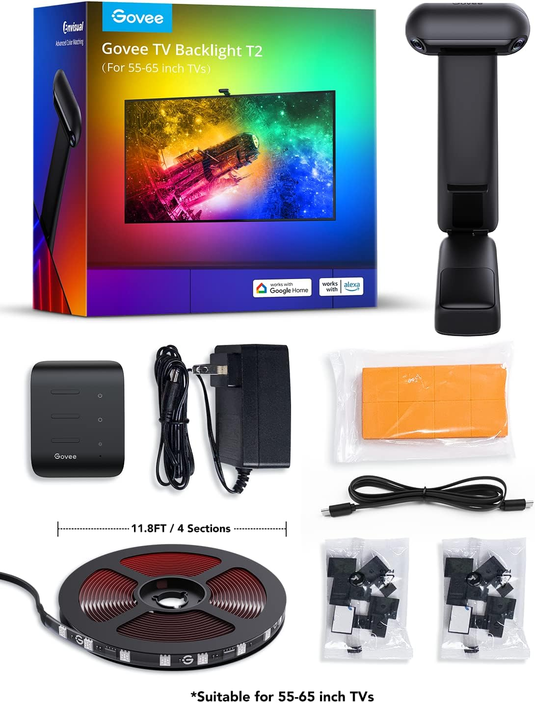 Govee Envisual TV LED Backlight T2 with Dual Cameras, 11.8ft RGBIC Wi-Fi LED Strip Lights for 55-65 inch TVs