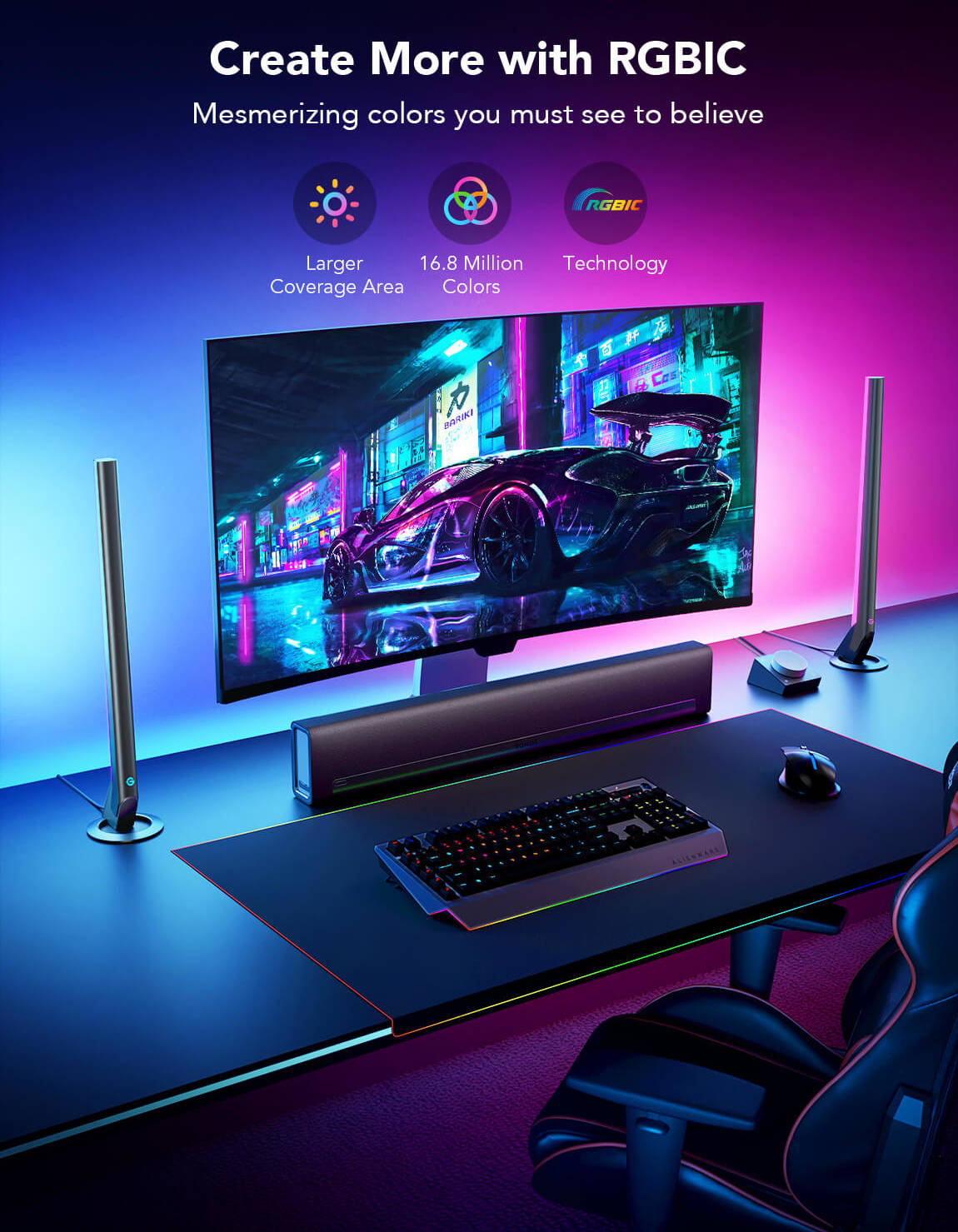 Govee RGBIC Wi-Fi Gaming Light Bars, Smart Dial Controller, RGBIC Technology, 2.4GHz Wi-Fi + Bluetooth Connectivity