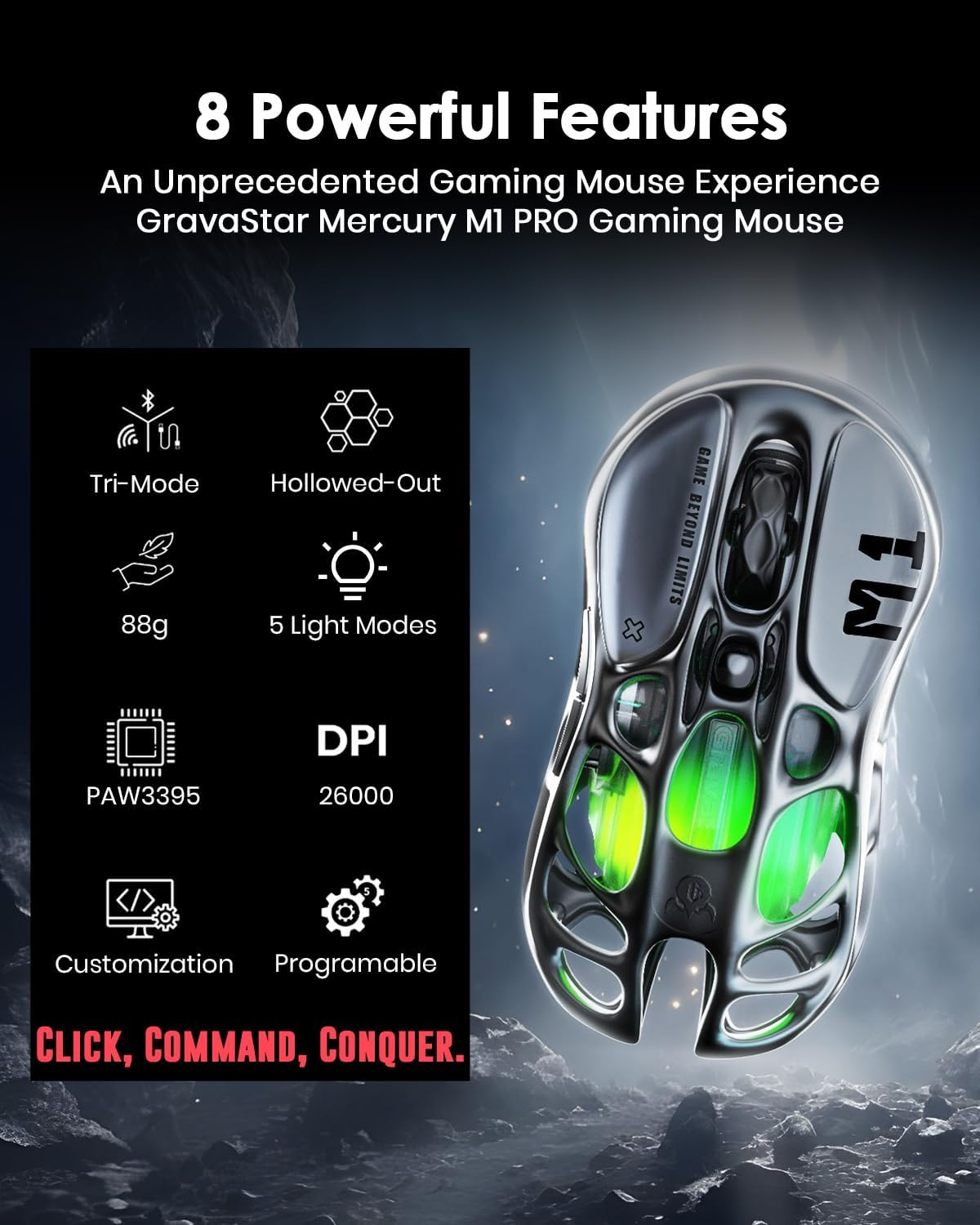 GravaStar Mercury M1 Pro Wireless Gaming Mouse - Gunmetal gray