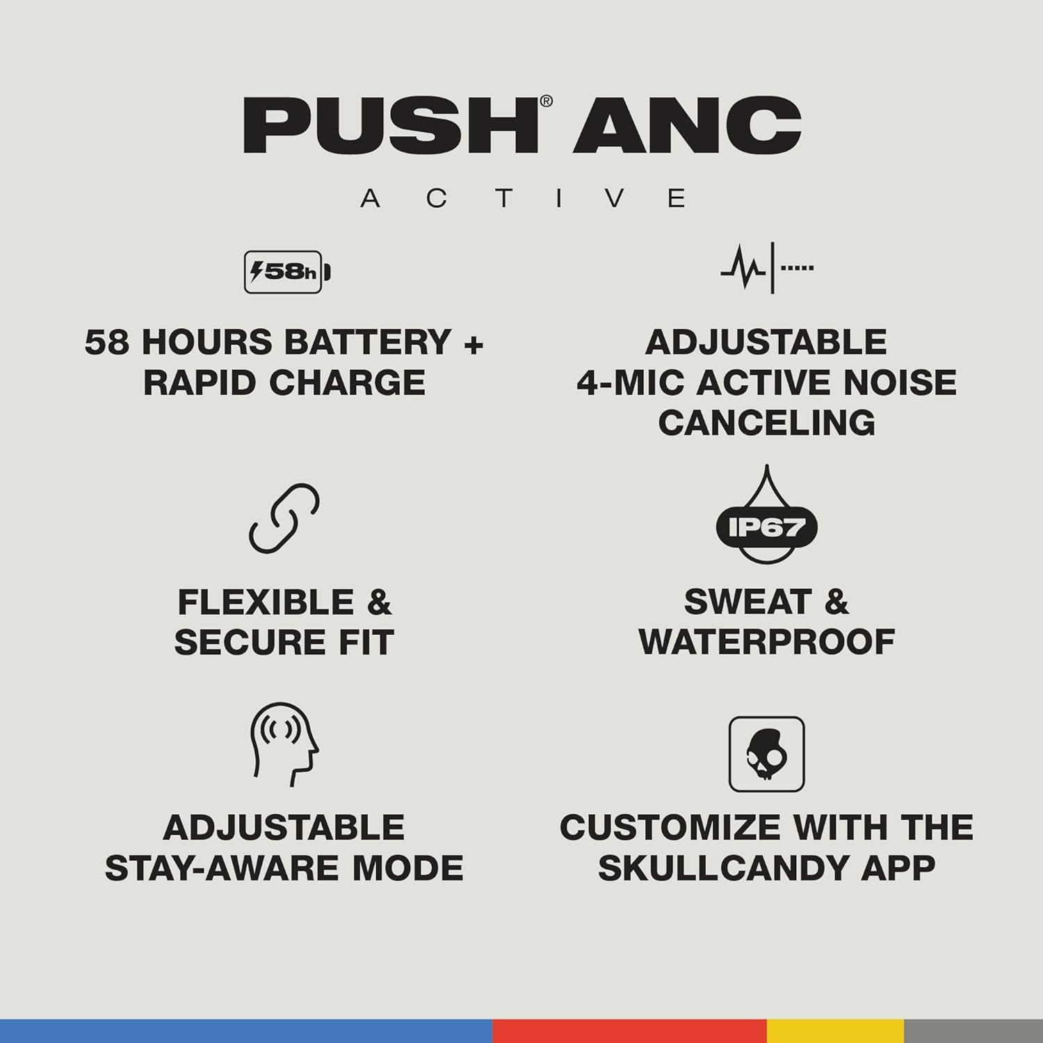Skullcandy Push ANC Active Wireless Earbuds, Bluetooth Headphones