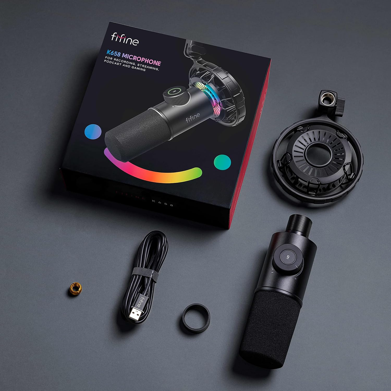 FIFINE K658 USB Gaming Microphone, RGB Dynamic Mic for PC