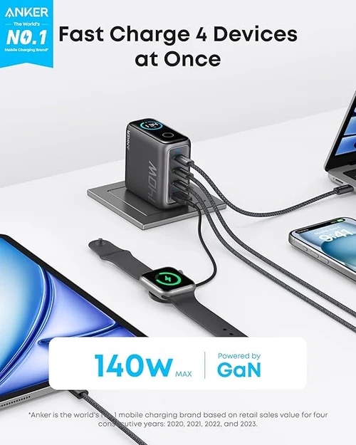 Anker Charger (140W, 4-Port, PD 3.1) with USB-C - Black/White