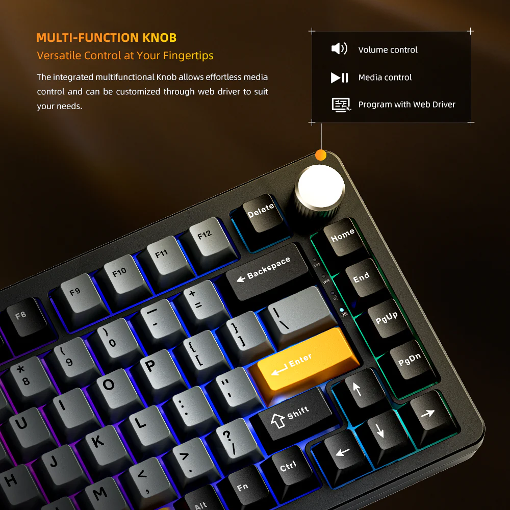 Machenike K600-B82W Mechanical Keyboard – 82-Key Black Gateron Brown Switches Hot-Swappable Volume Knob Wireless/Wired