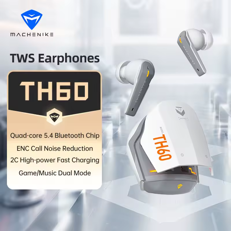 Machenike TH60 TWS Wireless Earphones – Bluetooth 5.4 4-Mic ENC Noise Cancelling Dual Sound Effects (Gaming/Music) Fast Charging 7+ Hours Battery Life