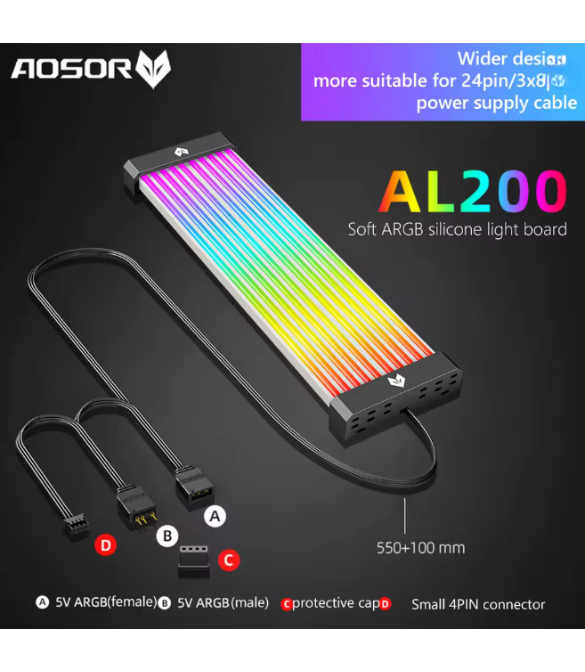 AL260/AL300 Neon Light Board ARGB Extension Cable for 3x8PIN GPU/24PIN Motherboard Bar 5V 3PIN ARGB Sync Flexible LED Strip - Black