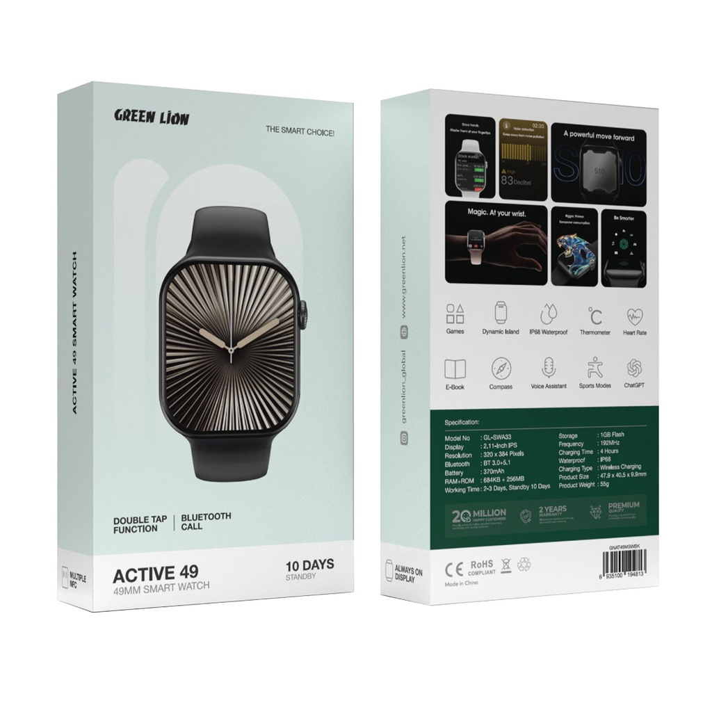 Green Lion Active 49/49MM Smart Watch Black