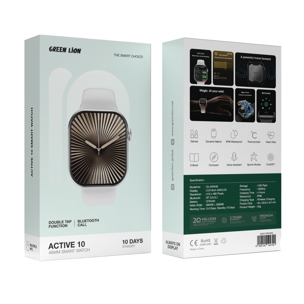 Green Lion Active 10 46MM Smart Watch Silver