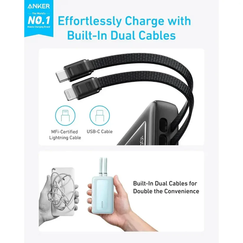 Anker Power Bank (10K-30W- Built-In USB- C+Lightning Cable) - Black