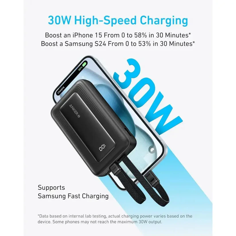 Anker Power Bank (10K-30W- Built-In USB- C+Lightning Cable) - Black