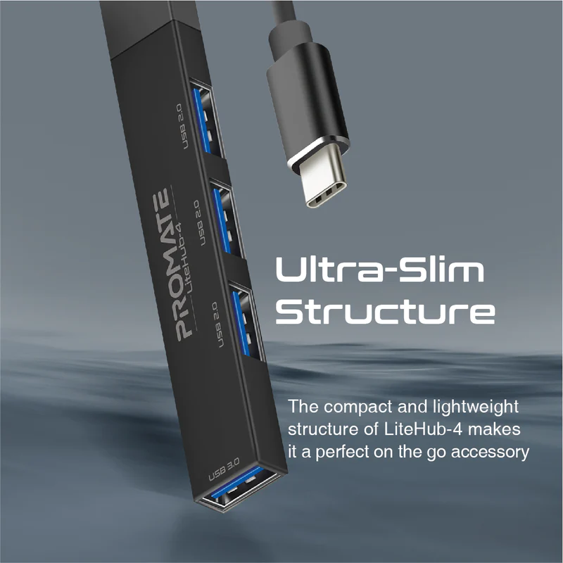 Promate LiteHub -4 BLACK 4-in-1 Multi-Port USB-C Data Hub