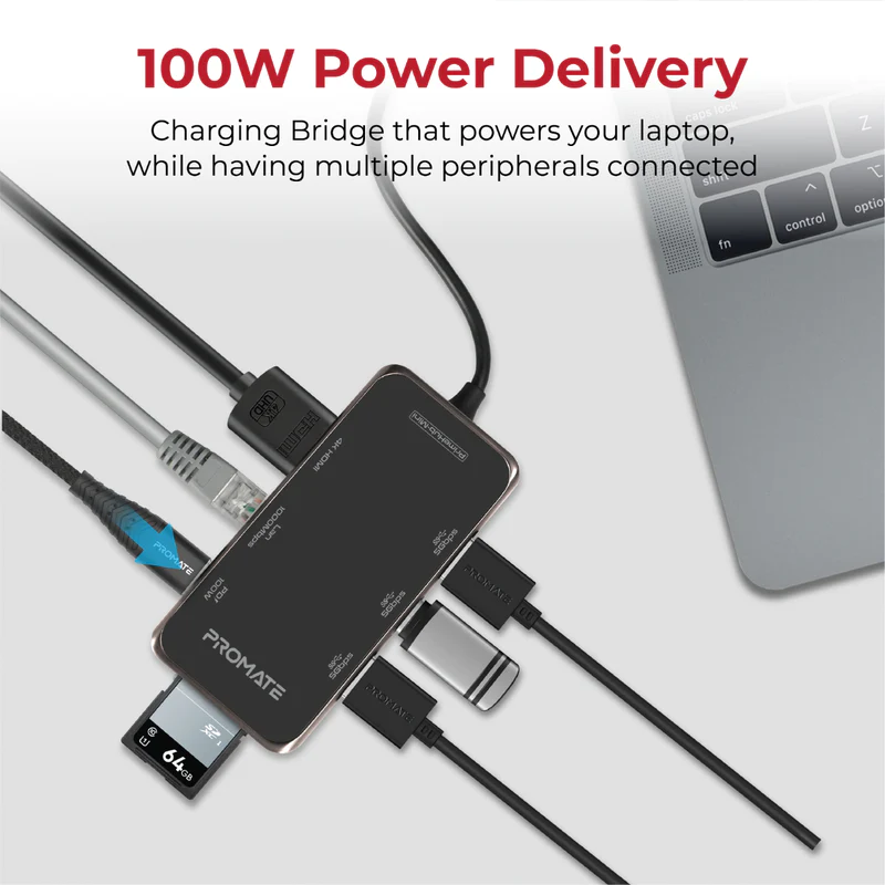 Promate PrimeHub-Mini Ultra-Compact USB-C Hub with 100W Power Delivery