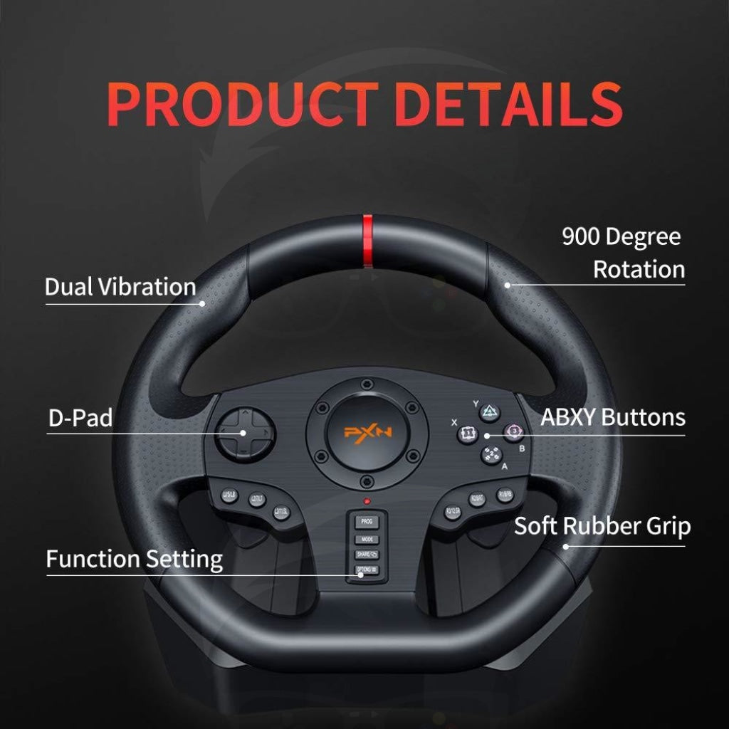 Pxn - V900 900 Degree Racing Game Steering Wheel Black