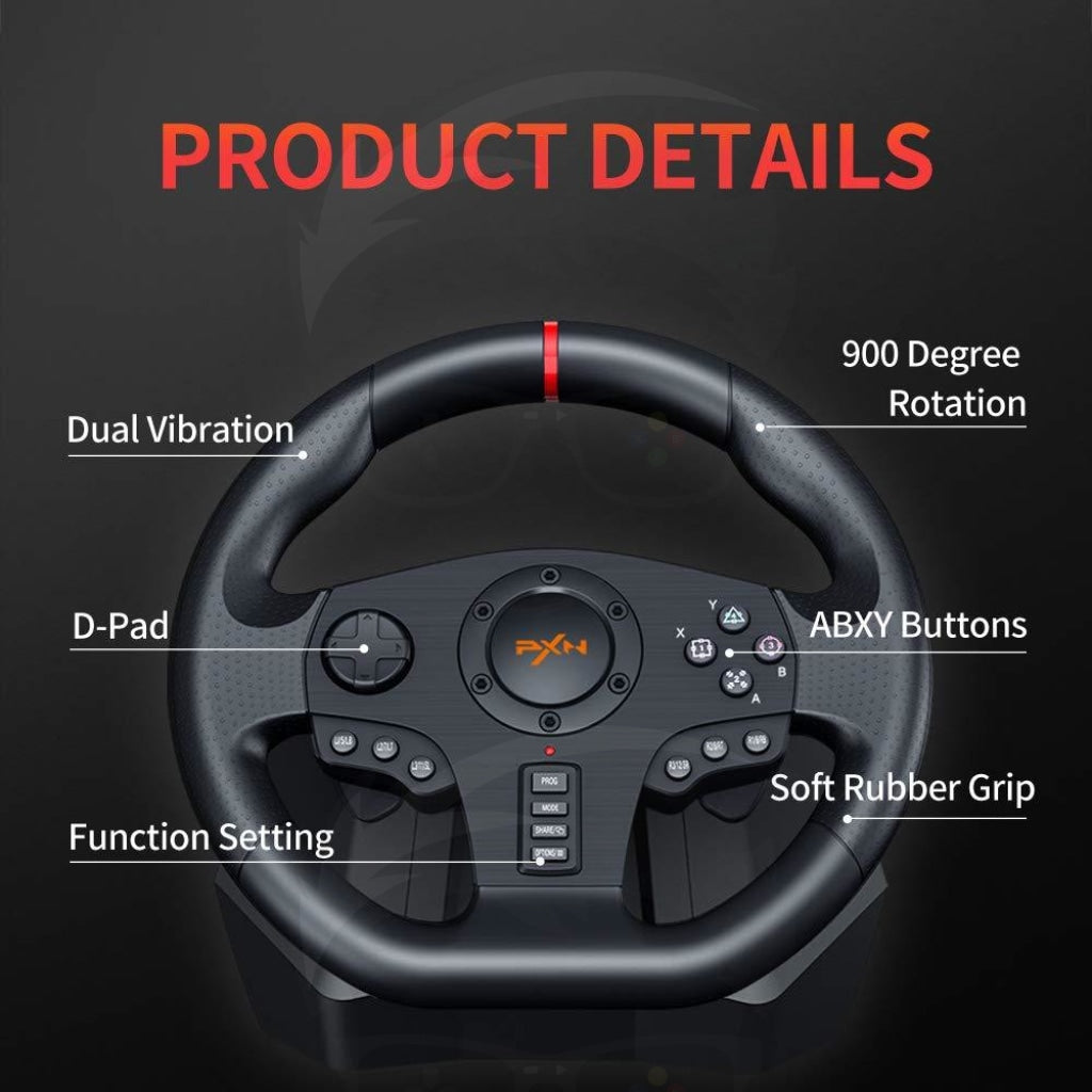 Pxn - V900 900 Degree Racing Game Steering Wheel Black
